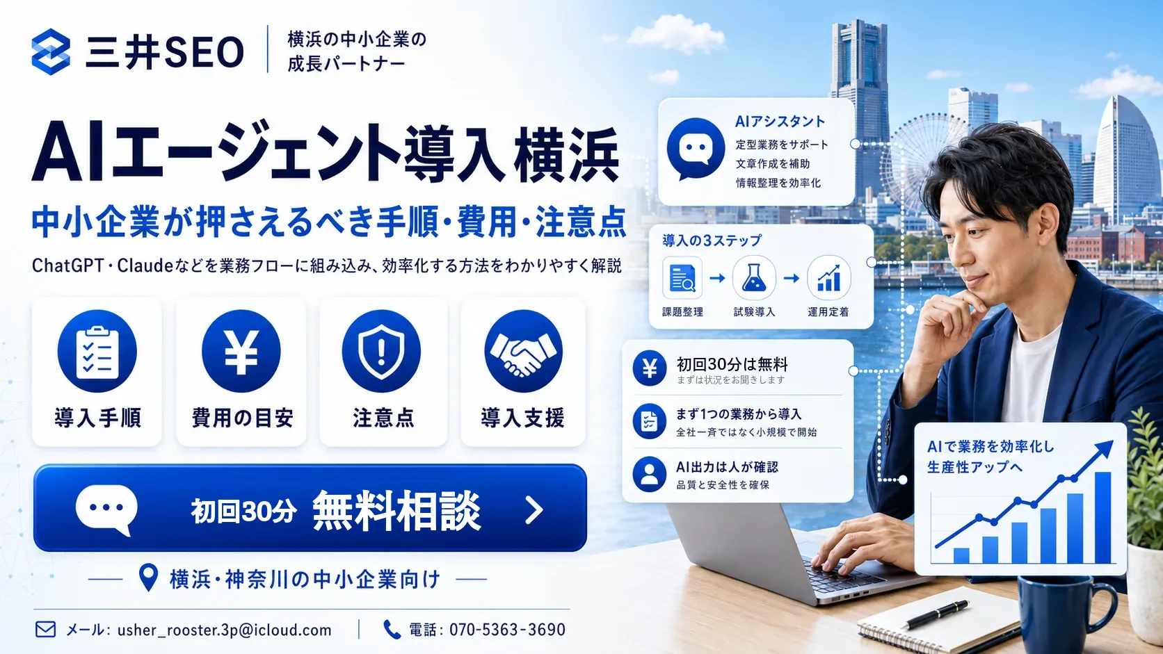 中小企業がAIエージェントを導入する手順・費用・注意点を解説するバナー。男性がノートパソコンを使っている